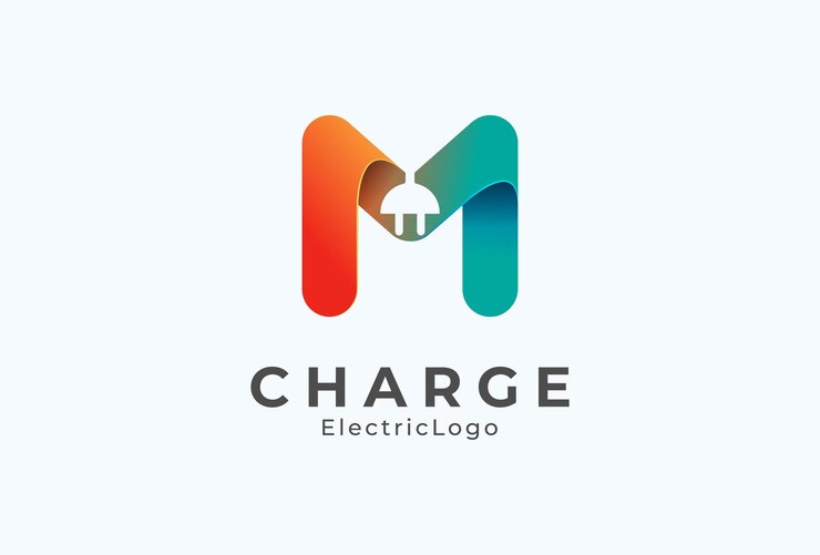 Vector logotipo de enchufe eléctrico de letra m, combinación de letra m y enchufe con color degradado