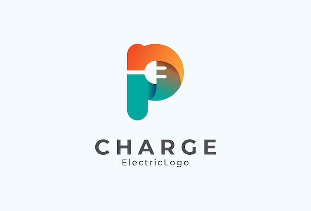 Logotipo de enchufe eléctrico de letra P, combinación de letra P y enchufe con color degradado
