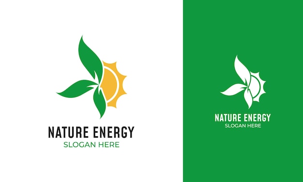 Logotipo de energía natural con ilustración de vector de hoja y sol