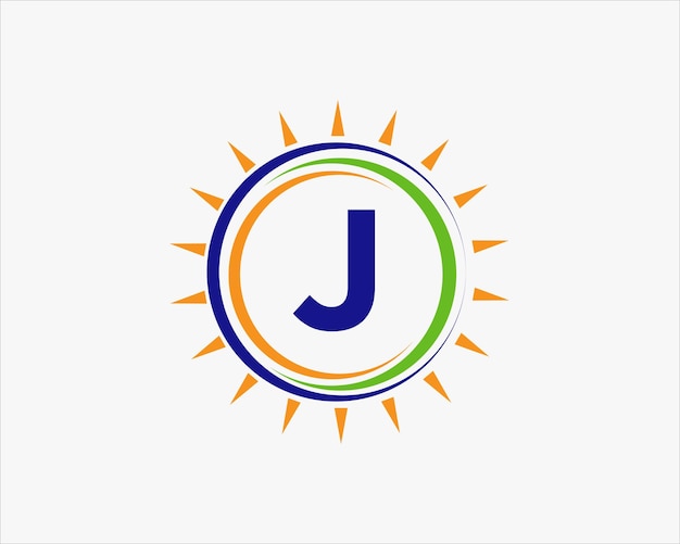 Logotipo de la energía solar del sol en la letra J Plantilla de diseño del logotipo solar de la letra J