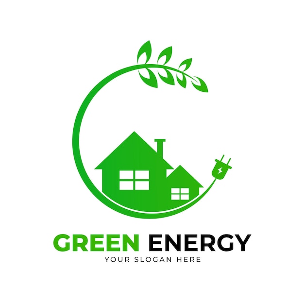 Logotipo de energía verde con una casa verde y un árbol.