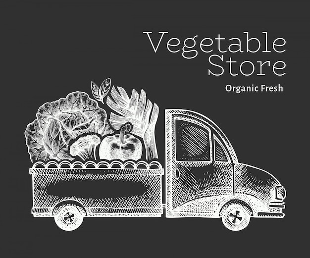 Logotipo de entrega de tienda de verduras verdes. Camión dibujado a mano con ilustración de verduras. Diseño de comida retro estilo grabado.