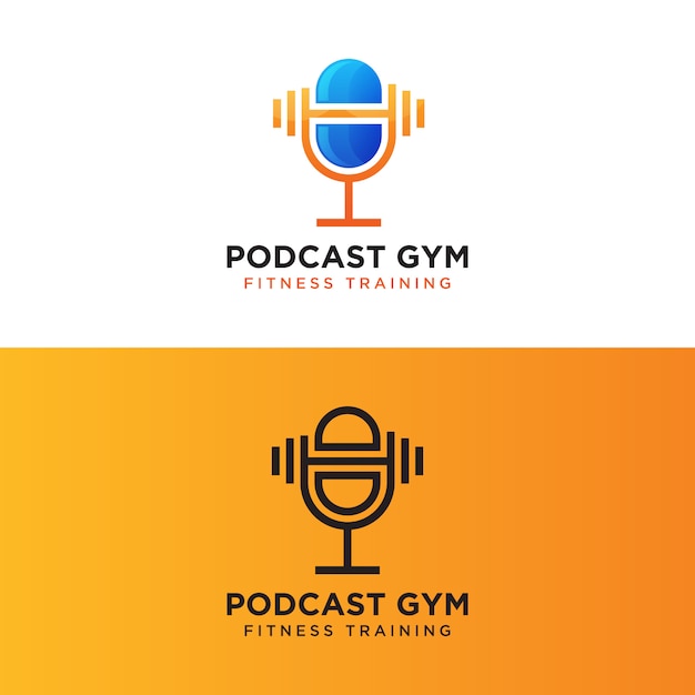 Logotipo de entrenamiento físico podcast gym, micrófono con plantilla de concepto de logotipo con barra