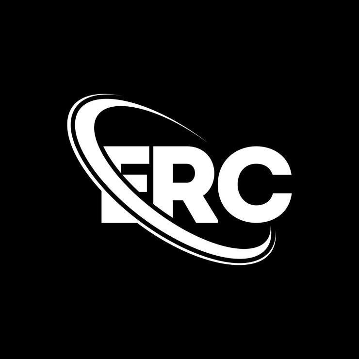 Vector el logotipo de erc es el diseño de la letra erc, las iniciales del logotipo erc vinculadas con un círculo y un monograma en mayúsculas.