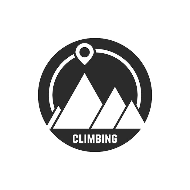 Logotipo de escalada con pin de mapa. concepto de rapel, alpinismo, identidad visual, vacaciones, misión, desafío. aislado sobre fondo blanco. tendencia de estilo plano diseño de logotipo moderno ilustración vectorial