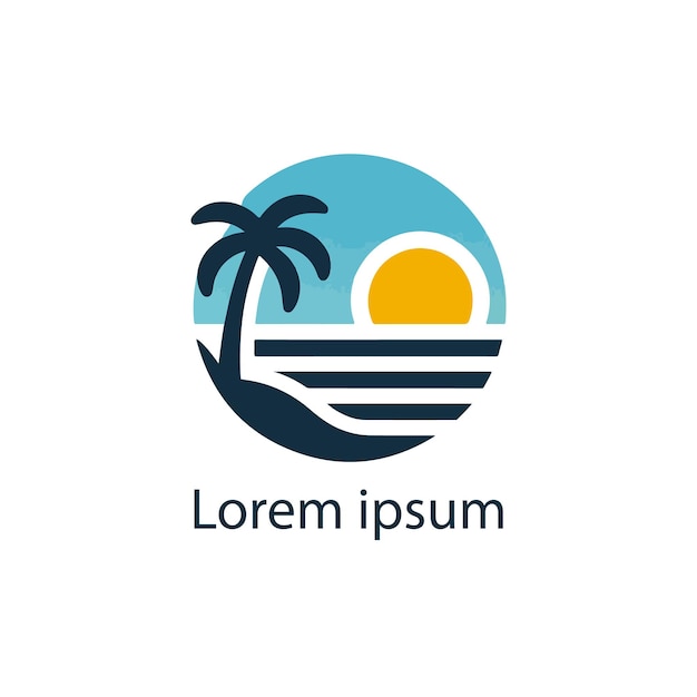 un logotipo para una escena de playa con una palmera y una playa en la parte superior