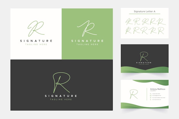Logotipo escrito a mano con la firma de la letra R con tarjeta de presentación y tipo de estilo opcional