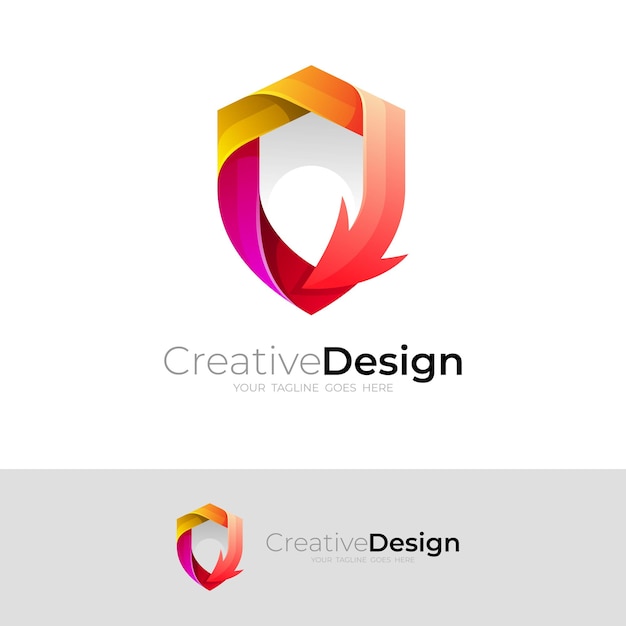 Logotipo de escudo abstracto y combinación de diseño de flecha color rojo
