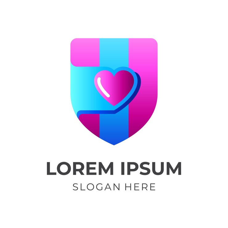 Vector logotipo de escudo con combinación de diseño de amor, estilo 3d