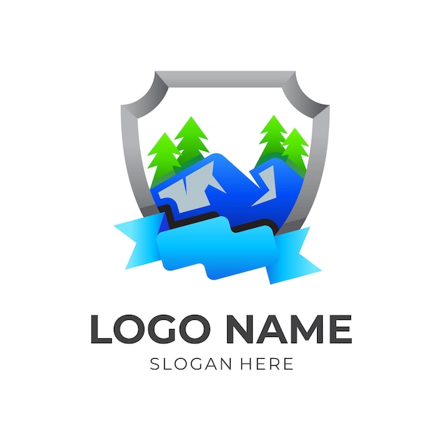 Logotipo de escudo con combinación de diseño de montaña, estilo moderno