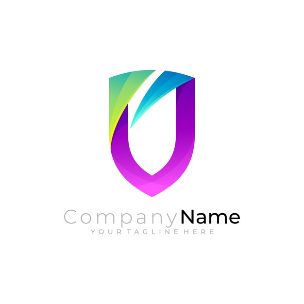 Logotipo de escudo y combinación de diseño de swoosh Logotipos coloridos en 3d
