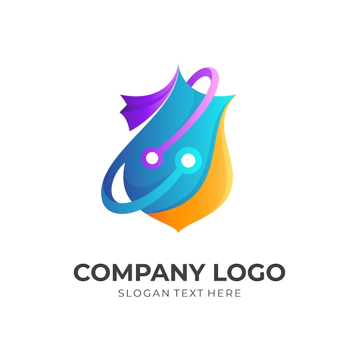 Vector logotipo de escudo con combinación de vector de diseño tecnológico, estilo colorido 3d