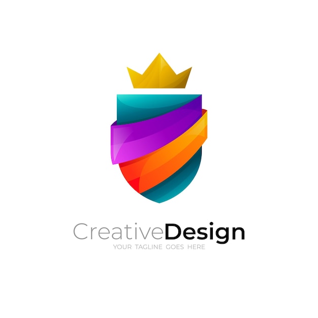 Logotipo de escudo y diseño de corona colorido, estilo 3d, logotipos de cinta