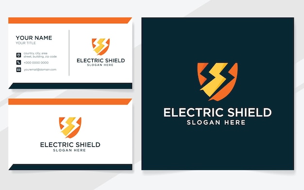 Vector logotipo de escudo eléctrico adecuado para empresa con plantilla de tarjeta de visita