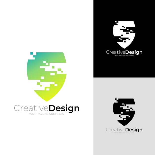 Logotipo de escudo y letra S diseño de logotipos de tecnología de píxeles