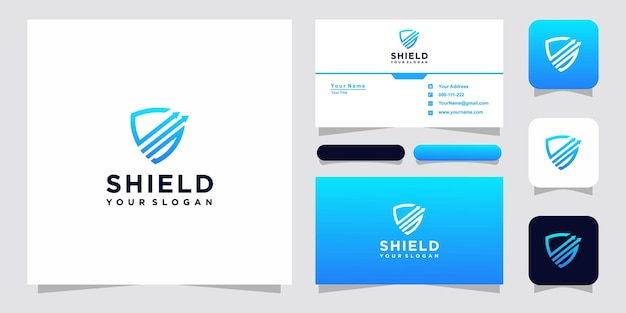 Logotipo de escudo con plantilla de diseño de tres flechas y tarjeta de visita