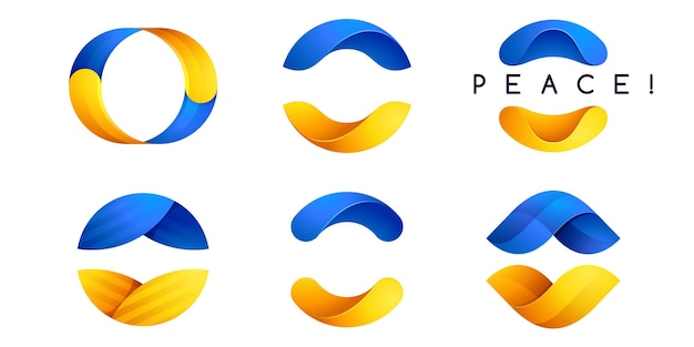 Logotipo de esfera en colores de bandera ucraniana con letras de paz emblemas vectoriales coloridos en estilo de volumen