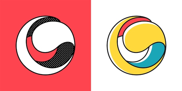 Logotipo de esfera Yin y yang en emblema circular Signo de ilusión óptica Iconos retro 3D con lunares blancos y negros y opciones de color Vector forma imposible para carteles vintage de etiquetas de semitono