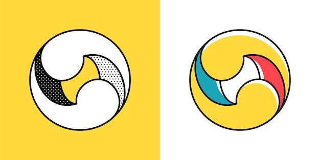 Logotipo de esfera Yin y yang en emblema circular Signo de ilusión óptica Iconos retro 3D con lunares blancos y negros y opciones de color Vector forma imposible para carteles vintage de etiquetas de semitono