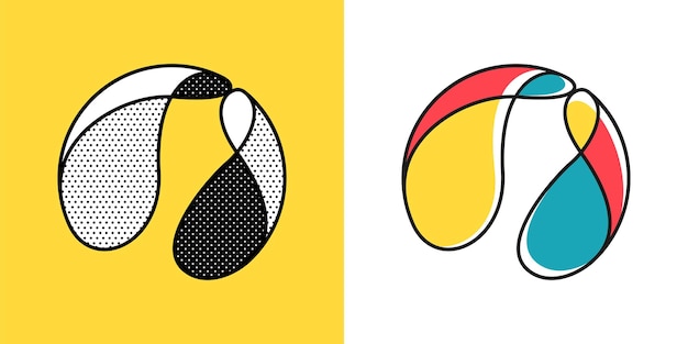 Logotipo de esfera Yin y yang en emblema circular Signo de ilusión óptica Iconos retro 3D con lunares blancos y negros y opciones de color Vector forma imposible para carteles vintage de etiquetas de semitono