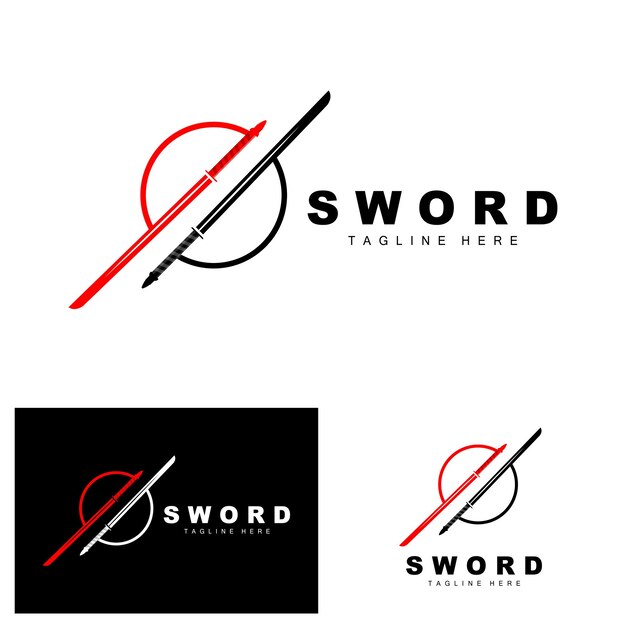 Logotipo de espada Samurai Katana Monocromo Diseño Vector Arma de guerra Herramienta de corte Icono de plantilla