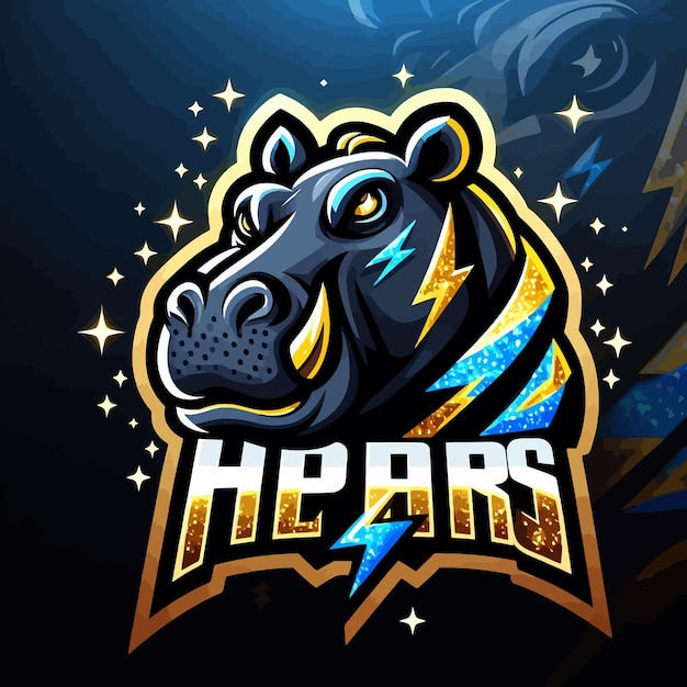 Vector un logotipo de esport de un hipopótamo malgache con oro azul brillante y trueno negro