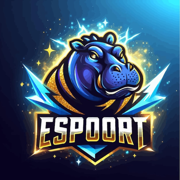 Vector un logotipo de esport de un hipopótamo malgache con oro azul brillante y trueno negro