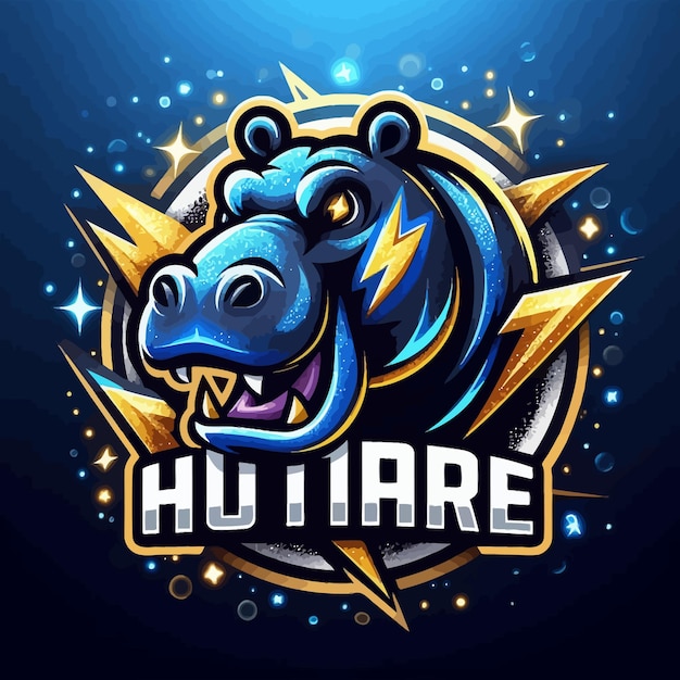 Vector un logotipo de esport de un hipopótamo malgache con oro azul brillante y trueno negro