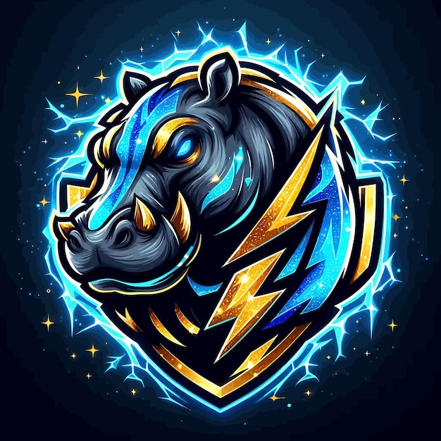 Vector un logotipo de esport de un hipopótamo malgache con oro azul brillante y trueno negro