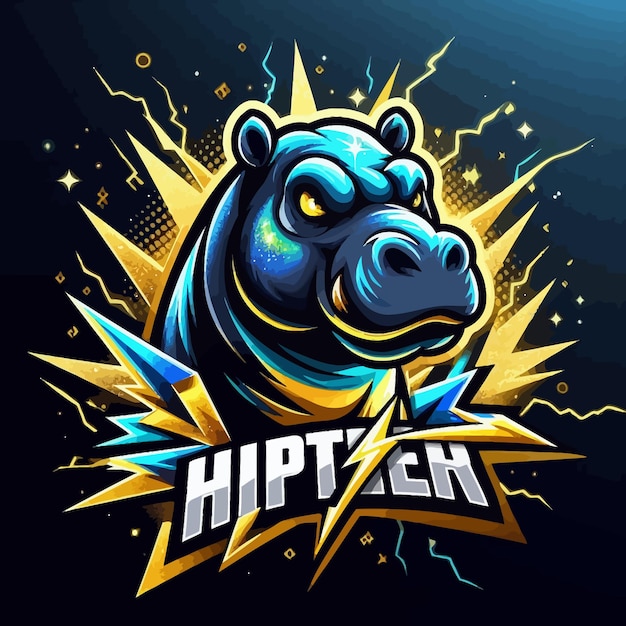 Un logotipo de esport de un hipopótamo malgache con oro azul brillante y trueno negro