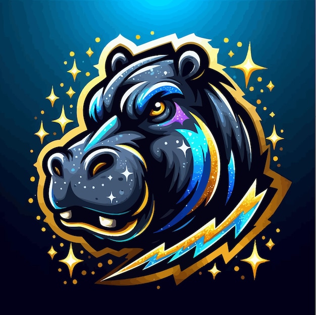 Vector un logotipo de esport de un hipopótamo malgache con oro azul brillante y trueno negro