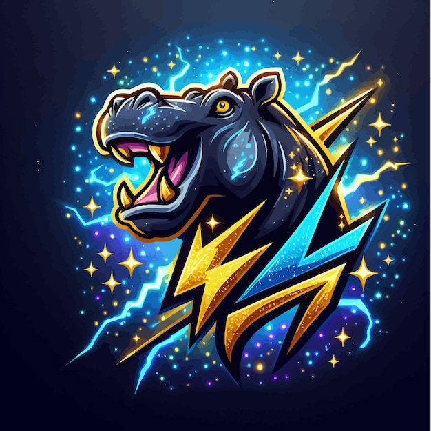 Vector un logotipo de esport de un hipopótamo malgache con oro azul brillante y trueno negro