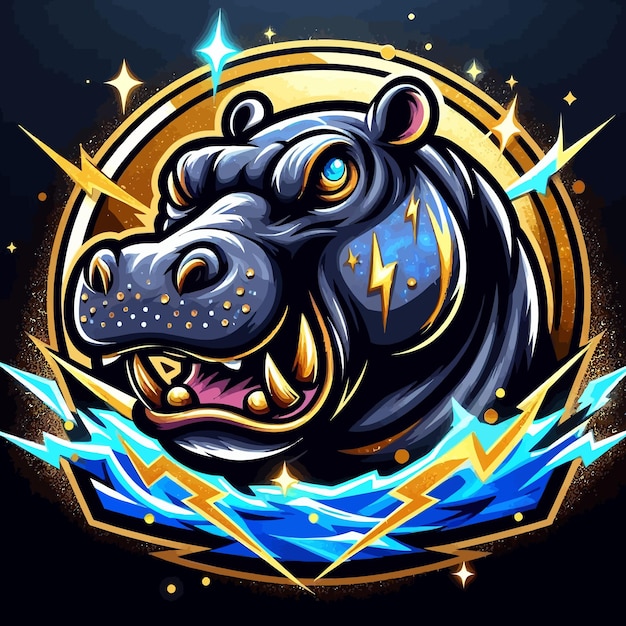 Un logotipo de esport de un hipopótamo malgache con oro azul brillante y trueno negro