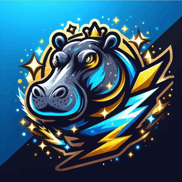 Vector un logotipo de esport de un hipopótamo malgache con oro azul brillante y trueno negro