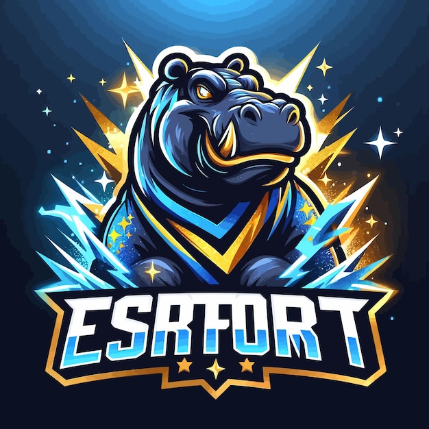 Vector un logotipo de esport de un hipopótamo malgache con oro azul brillante y trueno negro