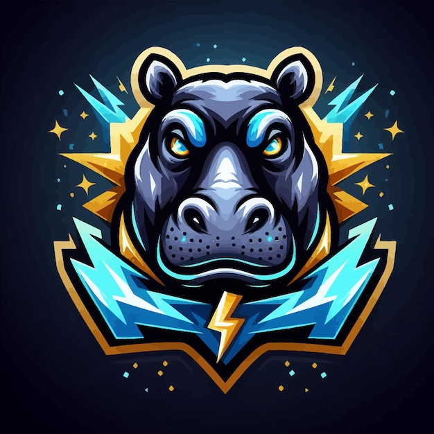 Vector un logotipo de esport de un hipopótamo malgache con oro azul brillante y trueno negro