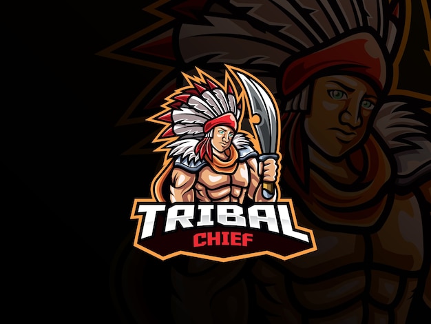 Logotipo de esport de la mascota del jefe tribal. logotipo de la mascota del guerrero tribal. mascota del jefe tribal con arma, para el equipo de esports.