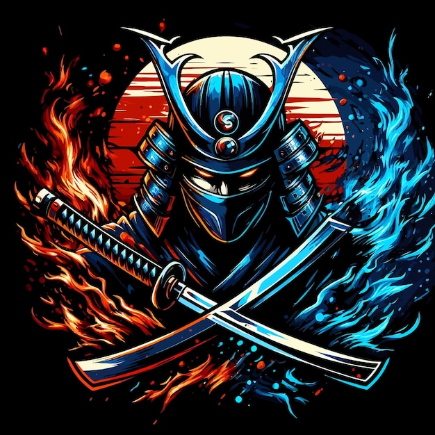 Un logotipo de esport de un samurai con el modo de rabia de sangre salpicada que quema llamas negras y azules un logotipo de esports