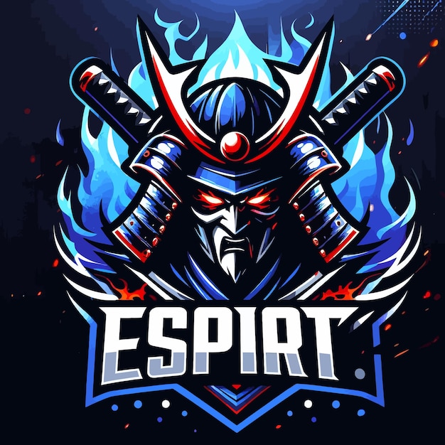 Un logotipo de esport de un samurai con el modo de rabia de sangre salpicada que quema llamas negras y azules un logotipo de esports