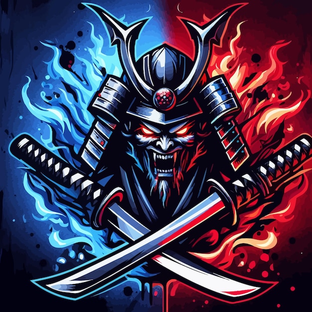 Un logotipo de esport de un samurai con el modo de rabia de sangre salpicada quemando llamas negras y azules