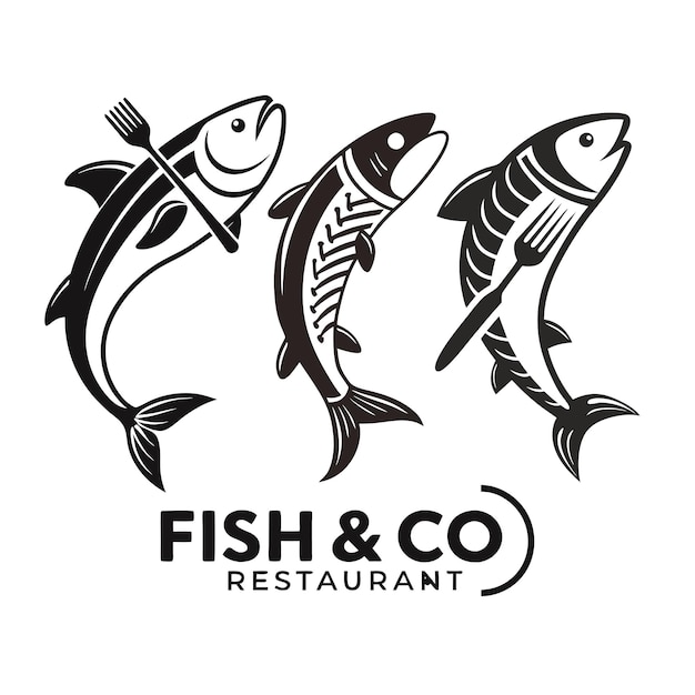 Logotipo estilizado del restaurante Fish amp Co con tres peces minimalistas que sostienen tenedores en un negro moderno