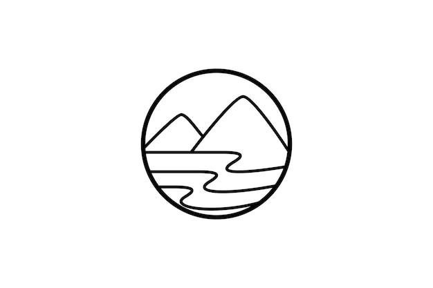 Logotipo de estilo de arte de línea de paisaje de naturaleza de montaña y agua en un marco de círculo