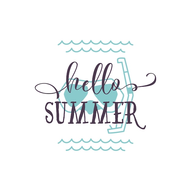 Logotipo de estilo plano con texto Hello Summer y máscara de buceo sobre fondo blanco.