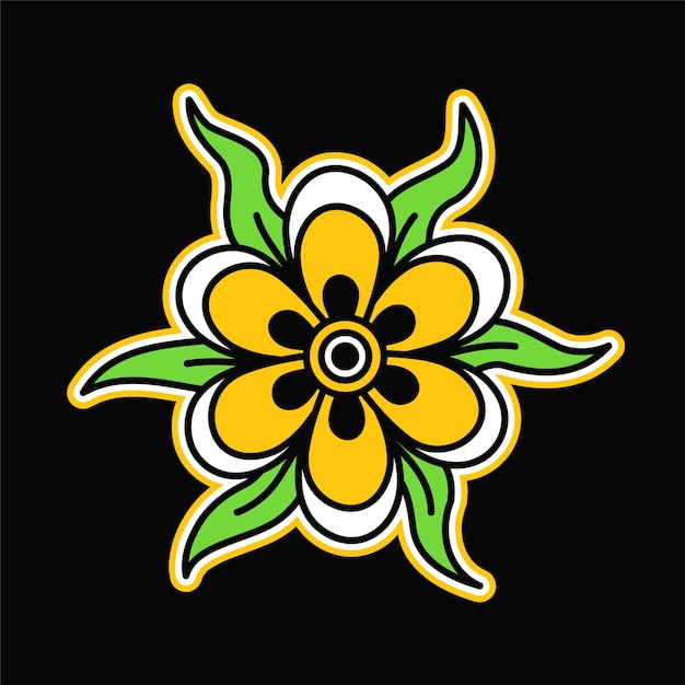 Vector logotipo de estilo retro de flores diseño de logotipo de ilustración gráfica de línea de garabato de dibujos animados vectoriales flor de tatuaje tradicional de la vieja escuela para el concepto de camiseta