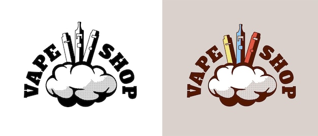 Logotipo de estilo retro vintage de tienda de vape establece vaporizadores de dibujos animados hipster con nube de humo y letras