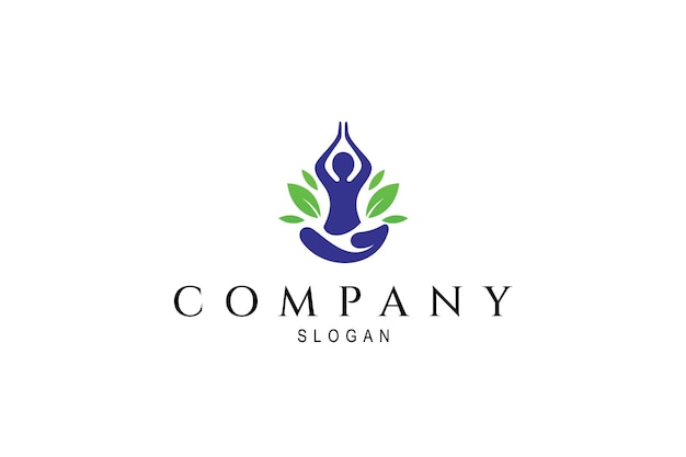 Logotipo de estilo de vida saludable con símbolo de meditación decorado con hojas en estilo de diseño plano