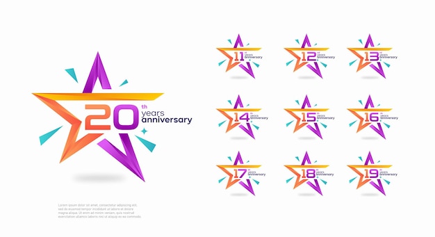 logotipo de estrella con los números de cumpleaños 11, 12, 13, 14, 15, 16, 17, 18, 19, 20
