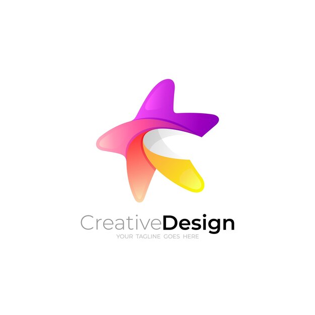 Logotipo de estrella y plantilla de logotipo de letra C diseño colorido 3d