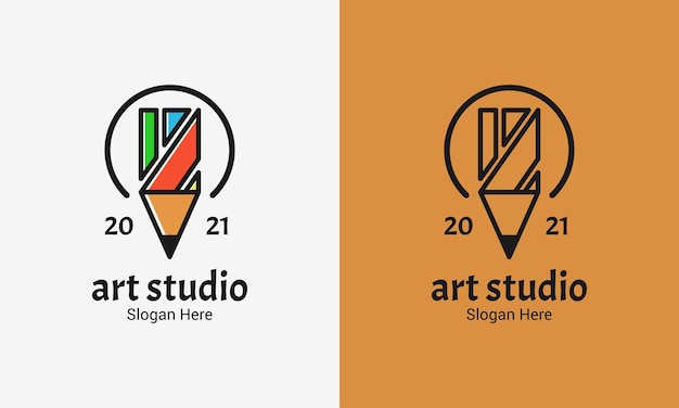 Vector logotipo de estudio de arte con estilo colorido y estilo vintage logotipo de lápiz creativo