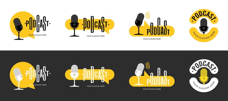 El logotipo del estudio de radiodifusión establece un micrófono con la inscripción de podcast estilizado como ecualizador de ondas de audio